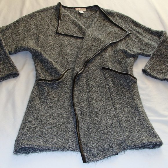 ANN TAYLOR LOFT Gray Marled Faux LEATHER Trim SWEATER JACKET Cardigan Sz XS/S - Picture 2 of 7